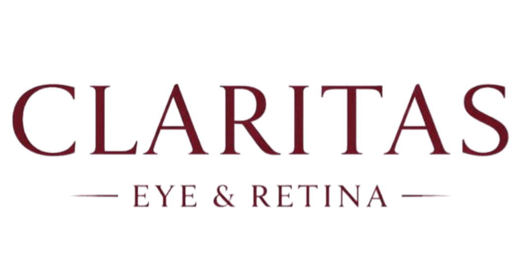 Claritas Eye & Retina logo in burgundy on a black background