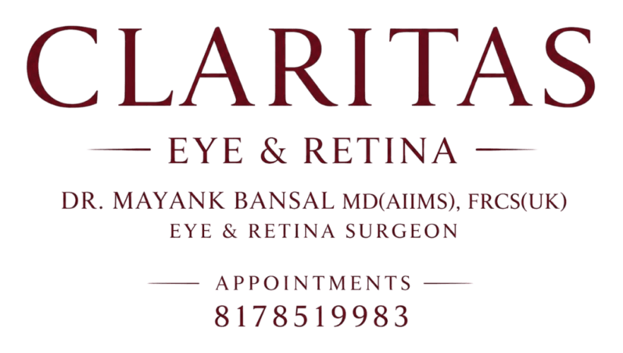 Claritas Eye & Retina logo in burgundy text on black background, showing clinic name and doctor credentials with appointment phone number 8178519983