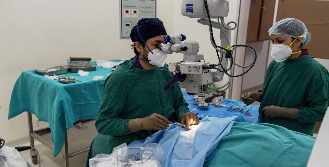 Surgeons in green scrubs and masks perform surgery using a microscope in a sterile operating room.
