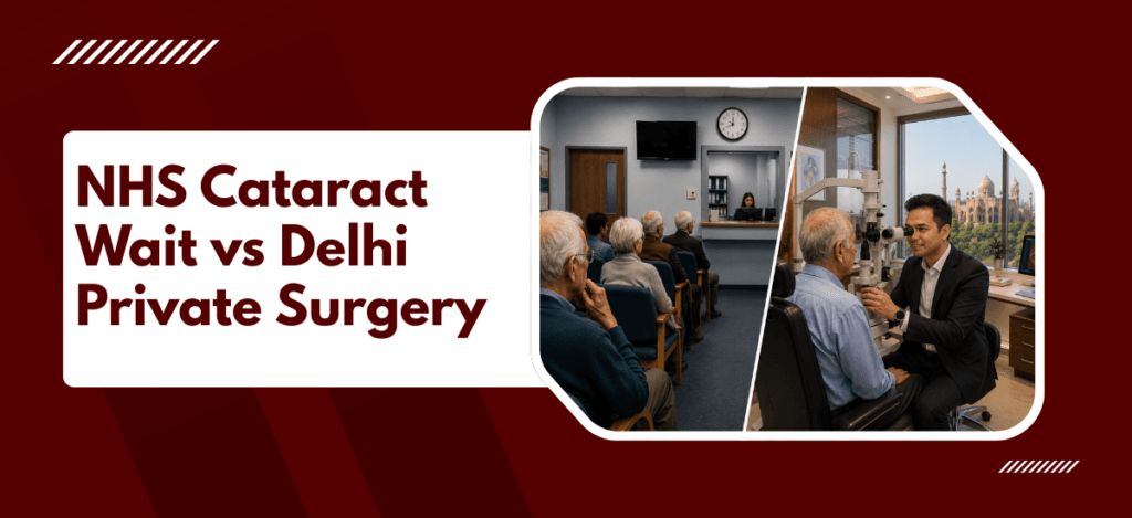 Banner compares NHS cataract wait times with Delhi private surgery, featuring a white rounded panel with the title and a two-photo collage of a waiting room and an eye-exam consult in a dark red background.