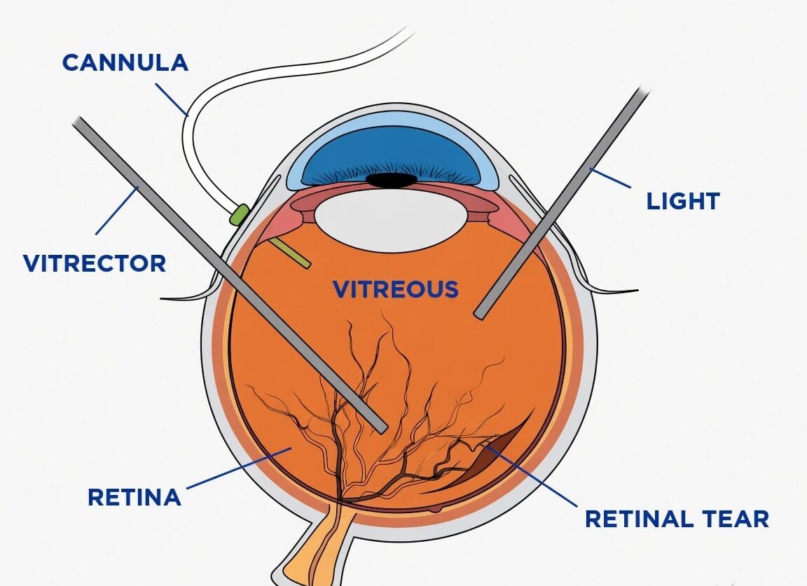Cross‑section of an eye during vitrectomy showing cannula and vitrector with labelled vitreous, retina, and a retinal tear.