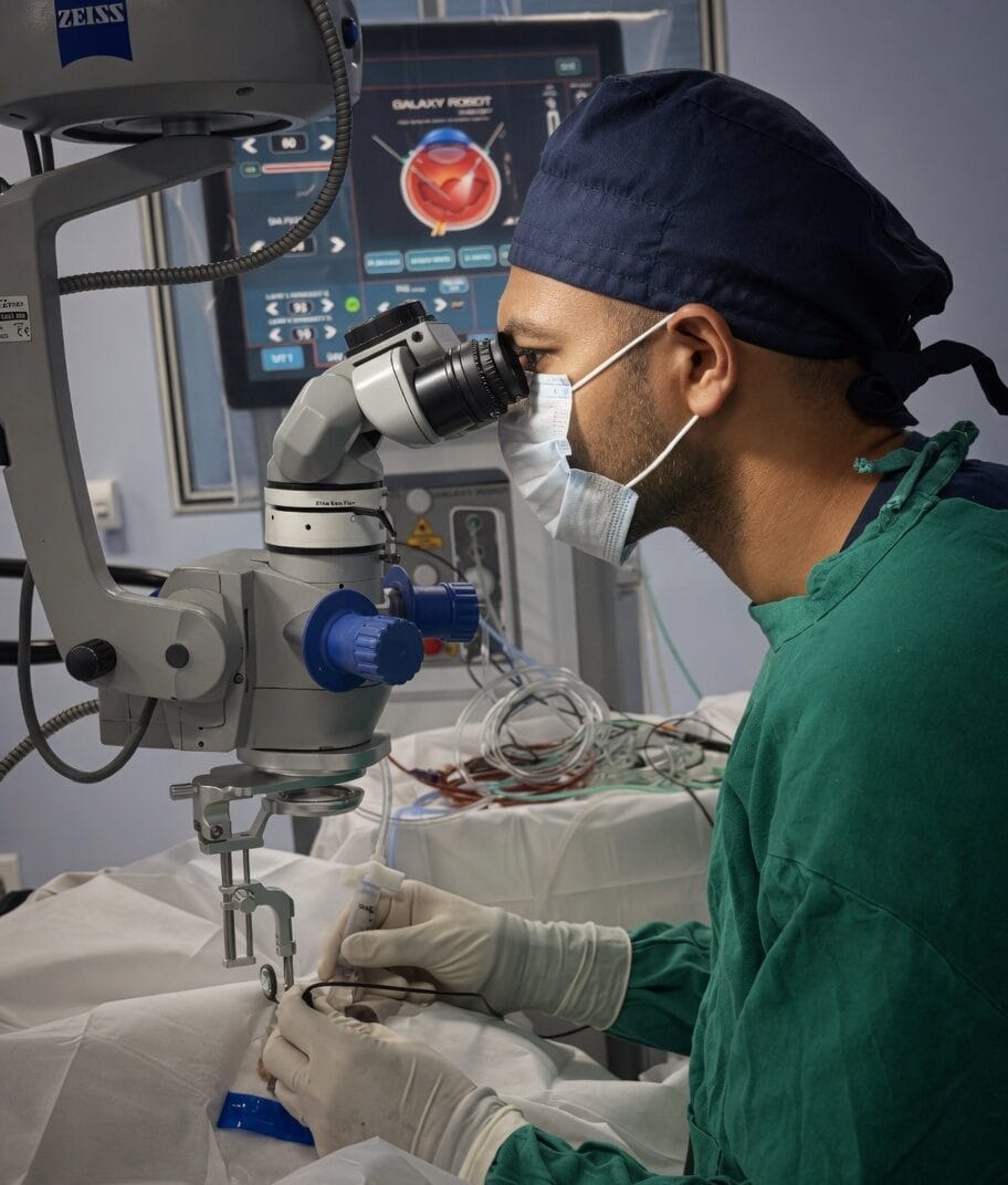 Surgeon in green scrubs and mask uses a surgical microscope during an operation.
