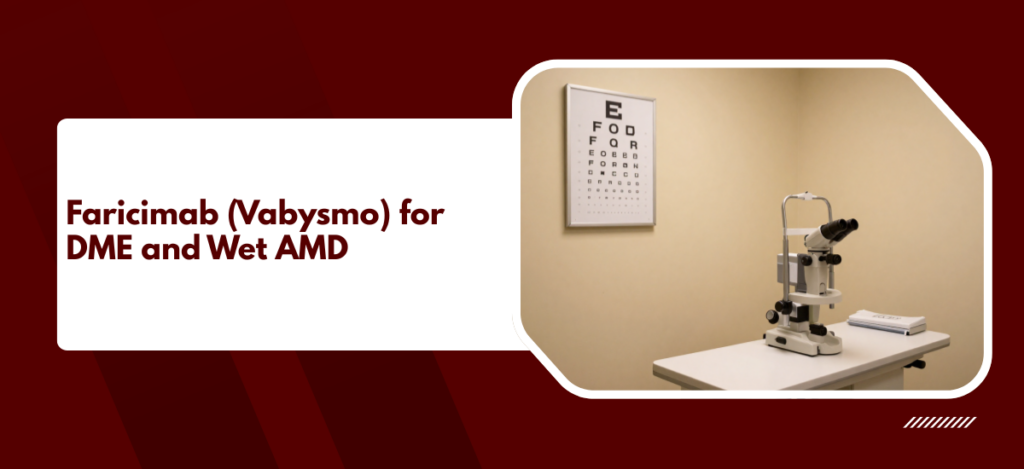 Faricimab (Vabysmo) targets both VEGF-A and Ang-2, offering dosing intervals up to 16 weeks for DME and wet AMD.